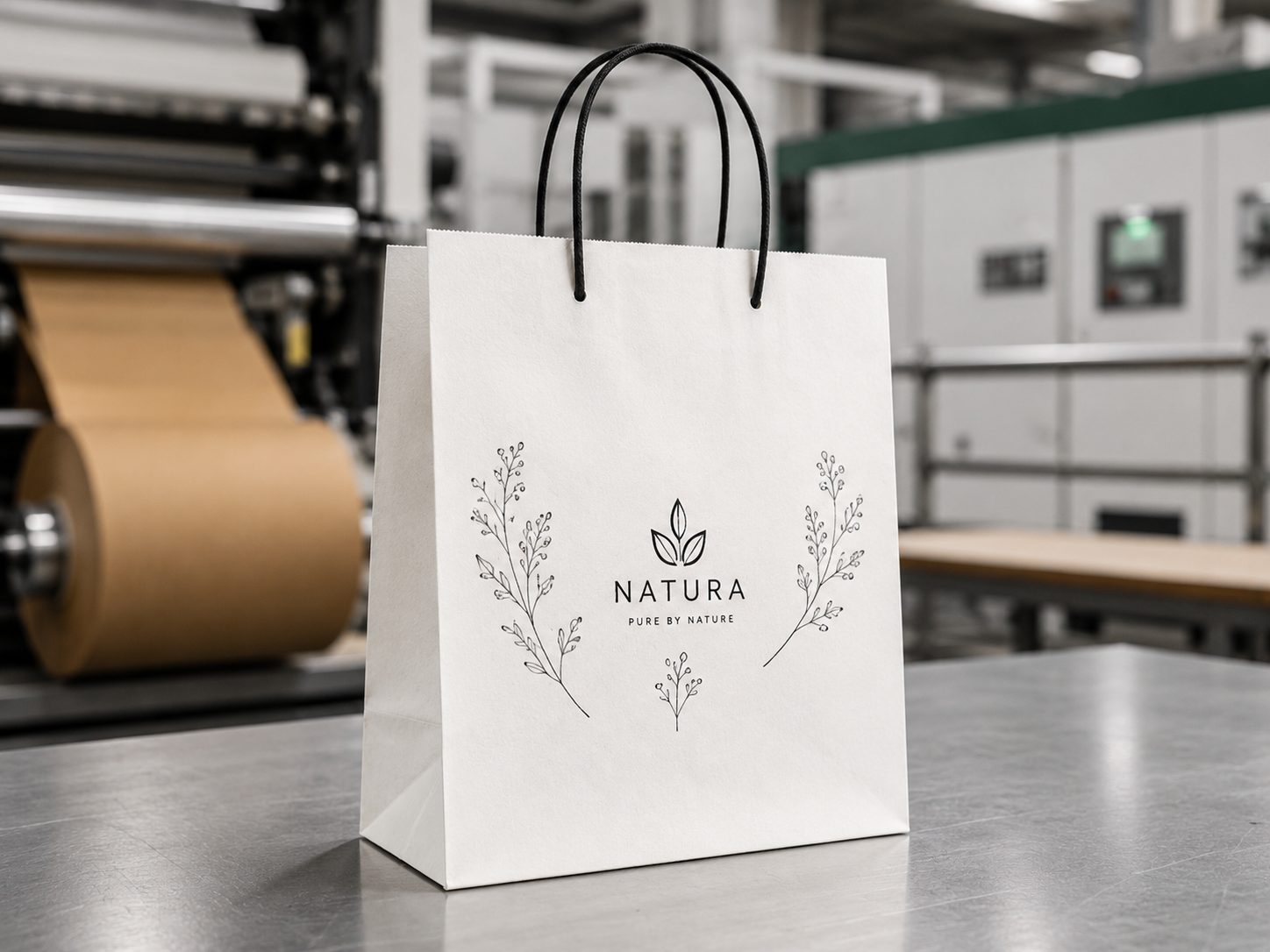 Biała torba papierowa z prostym nadrukiem firmowym wykonanym technologią flexo