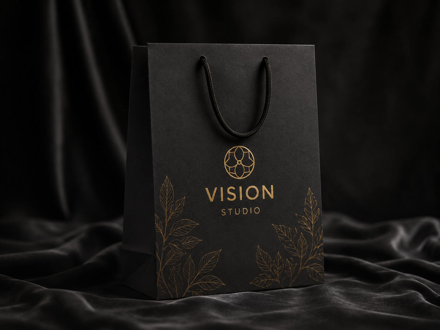 Czarna torba papierowa Vision Studio z eleganckim złotym nadrukiem premium