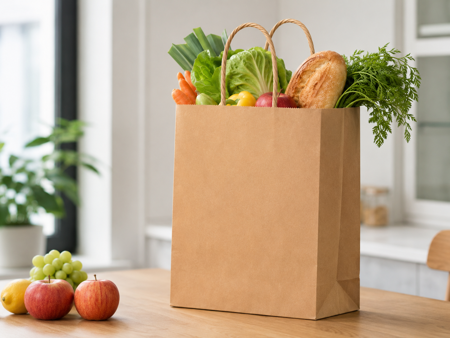 Torba papierowa z uchwytem skręcanym wypełniona produktami spożywczymi